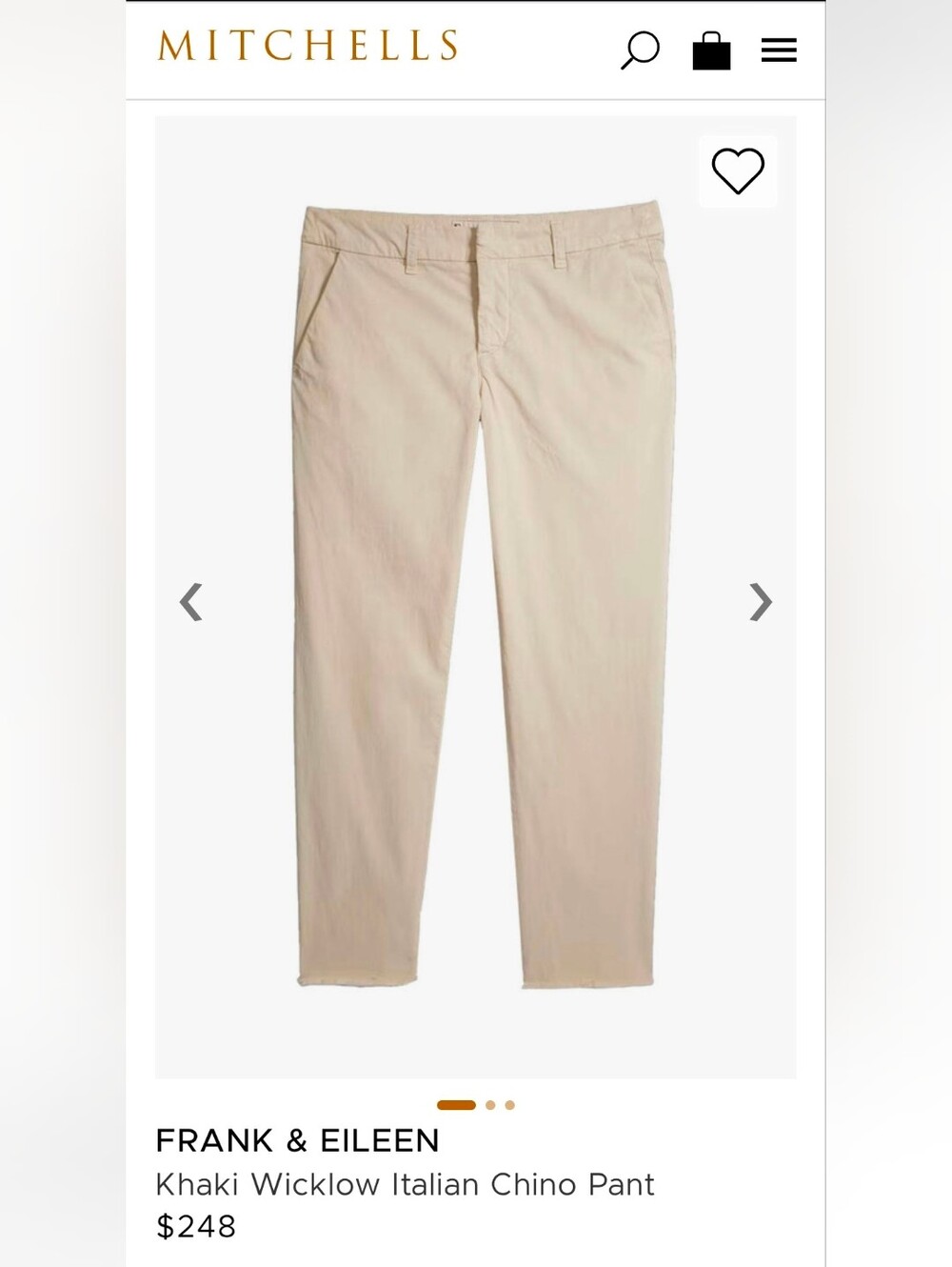 Frank & Eileen Wicklow Italian Chino Pants In Khaki - Size 6
